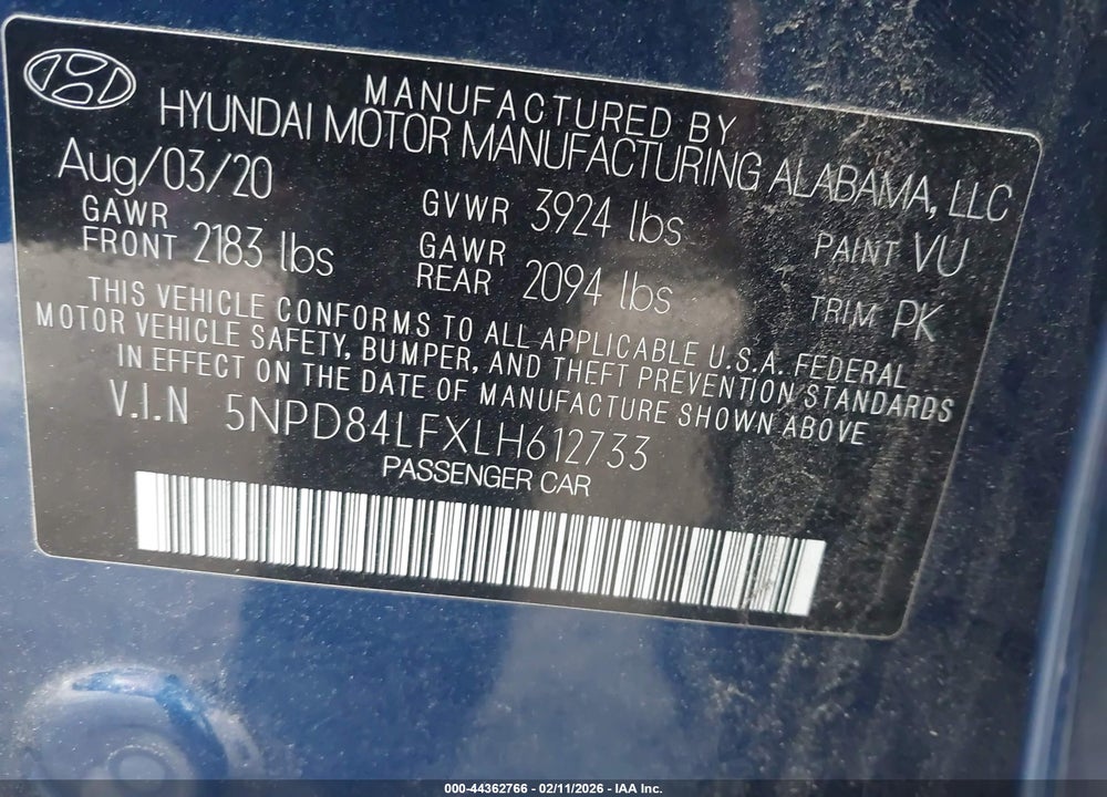 2020 HYUNDAI ELANTRA VALUE EDITION VIN: 5NPD84LFXLH612733