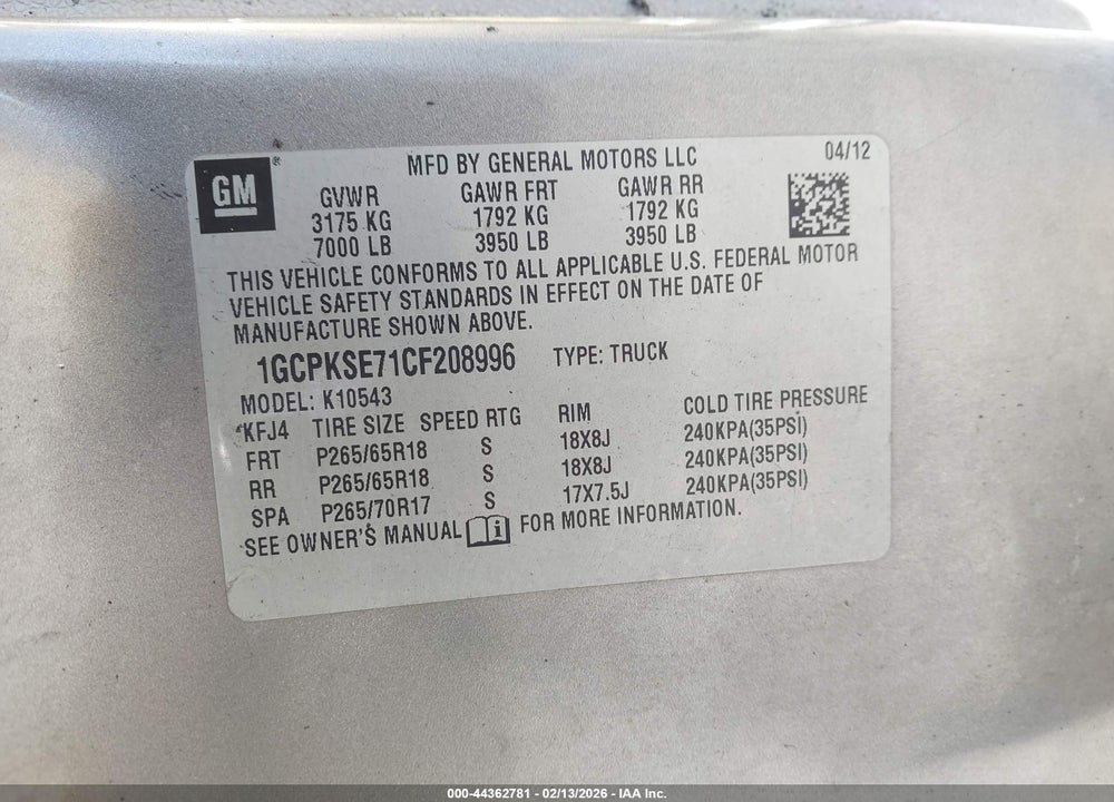 2012 CHEVROLET SILVERADO 1500 LT VIN: 1GCPKSE71CF208996