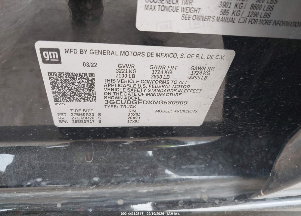 2022 CHEVROLET SILVERADO 1500 VIN: 3GCUDGEDXNG530909