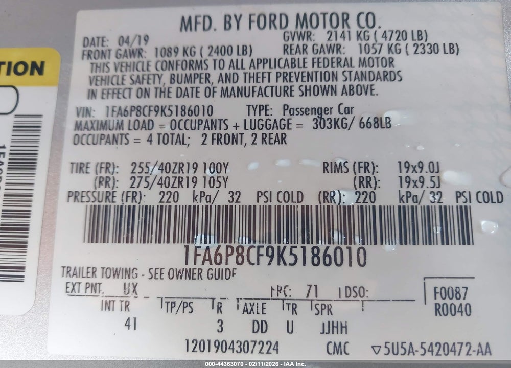 2019 FORD MUSTANG GT PREMIUM VIN: 1FA6P8CF9K5186010