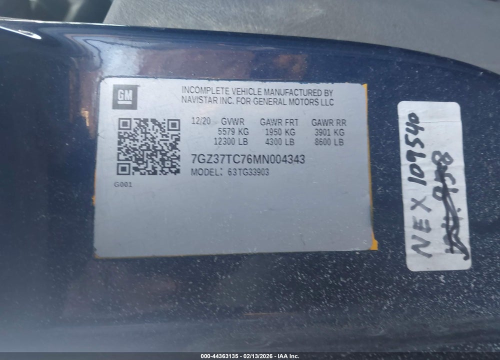 2021 GMC SAVANA CUTAWAY WORK VAN VIN: 7GZ37TC76MN004343