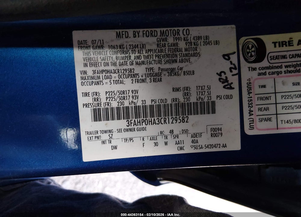 2012 FORD FUSION SE VIN: 3FAHP0HA3CR129582