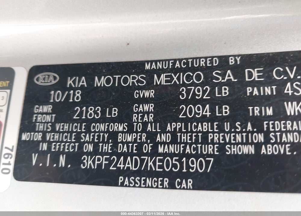 2019 KIA FORTE LXS VIN: 3KPF24AD7KE051907