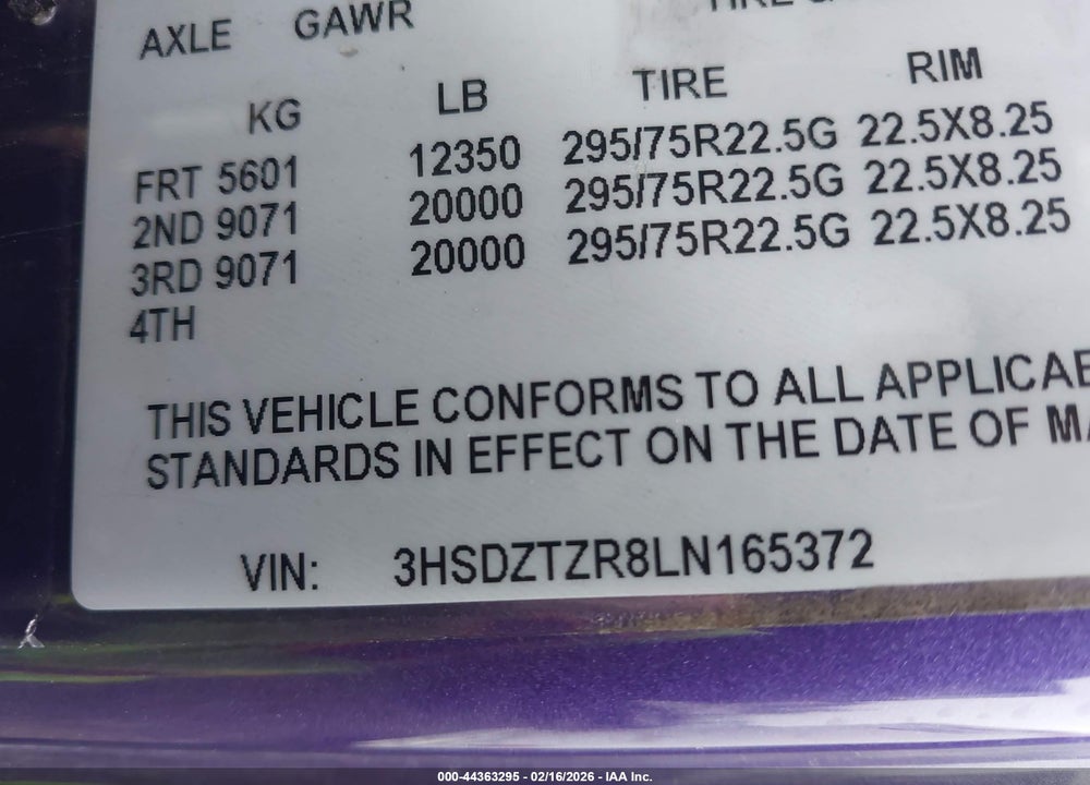 2020 INTERNATIONAL LT VIN: 3HSDZTZR8LN165372