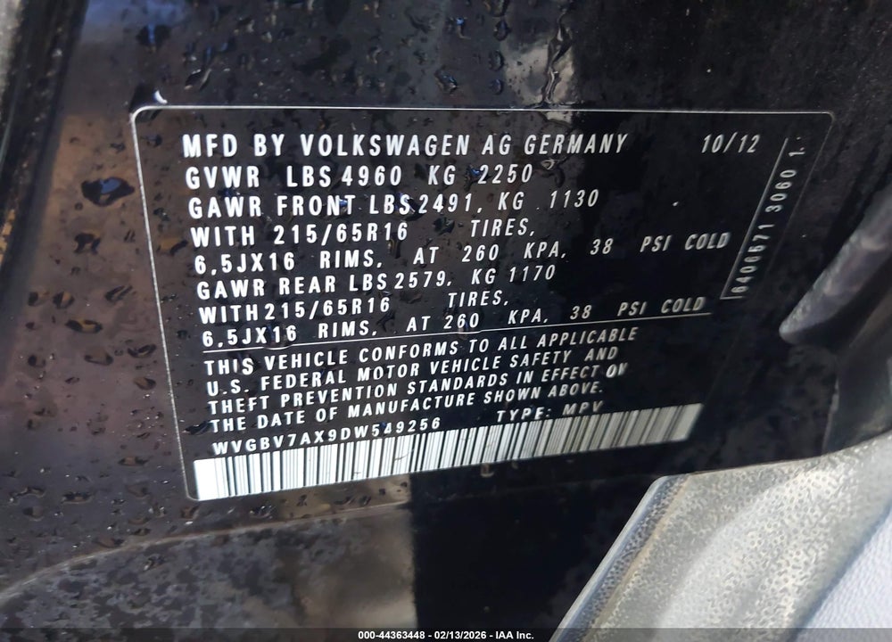 2013 VOLKSWAGEN TIGUAN S VIN: WVGBV7AX9DW549256