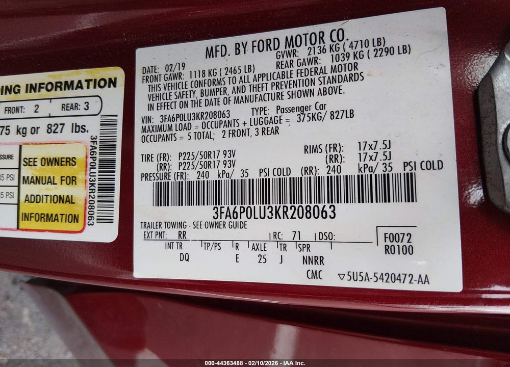 2019 FORD FUSION HYBRID SE VIN: 3FA6P0LU3KR208063