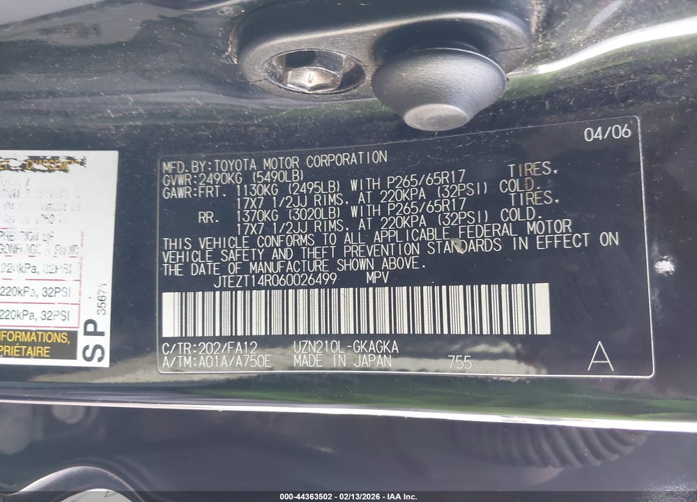 2006 TOYOTA 4RUNNER SR5 V8 VIN: JTEZT14R060026499