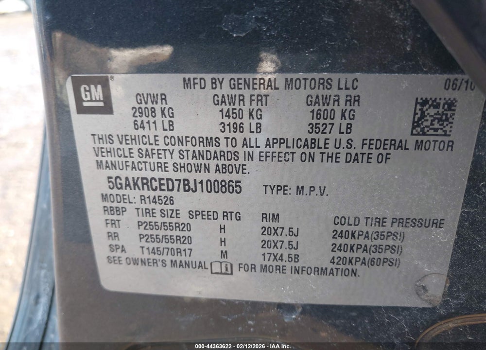 2011 BUICK ENCLAVE 2XL VIN: 5GAKRCED7BJ100865