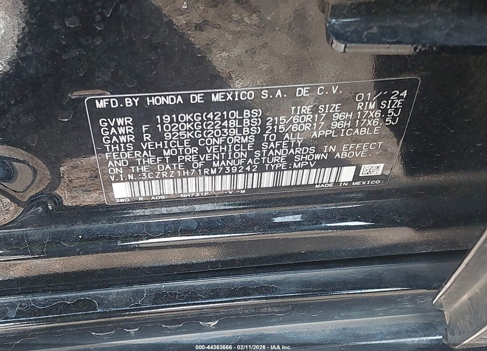 2024 HONDA HR-V VIN: 3CZRZ1H71RM739242