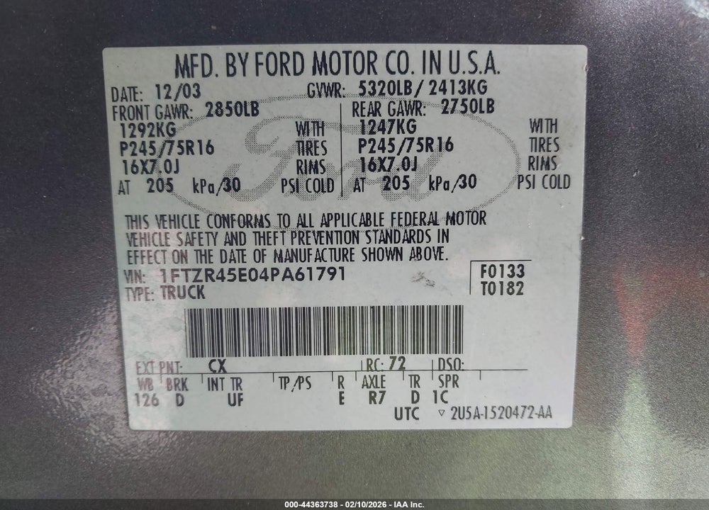 2004 FORD RANGER EDGE/TREMOR/XLT VIN: 1FTZR45E04PA61791