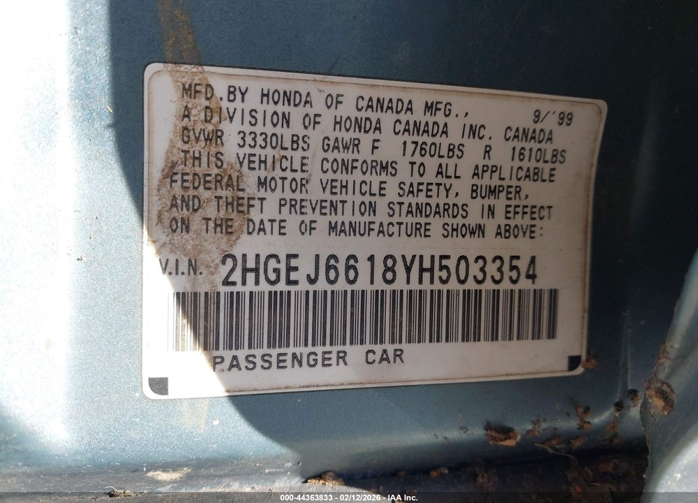 2000 HONDA CIVIC VALUE PACKAGE VIN: 2HGEJ6618YH503354