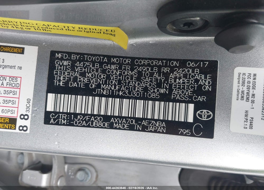 2018 TOYOTA CAMRY LE VIN: JTNB11HK3J3011085