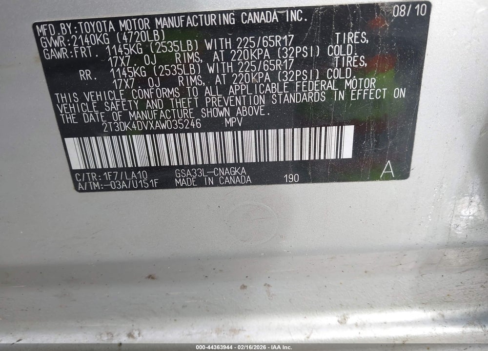 2010 TOYOTA RAV4 LIMITED V6 VIN: 2T3DK4DVXAW035246