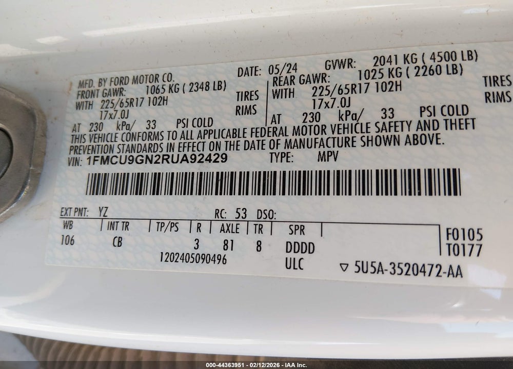 2024 FORD ESCAPE ACTIVE VIN: 1FMCU9GN2RUA92429
