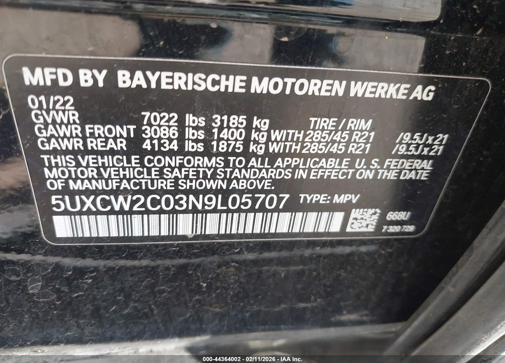 2022 BMW X7 XDRIVE40I VIN: 5UXCW2C03N9L05707