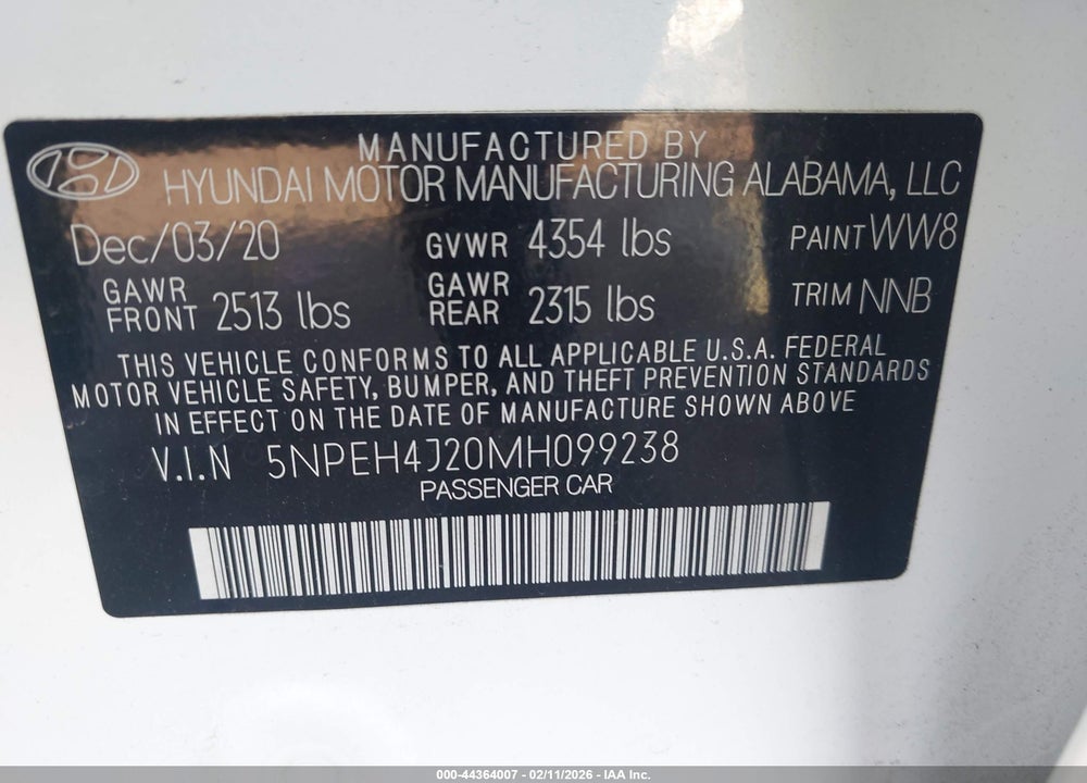 2021 HYUNDAI SONATA LIMITED VIN: 5NPEH4J20MH099238