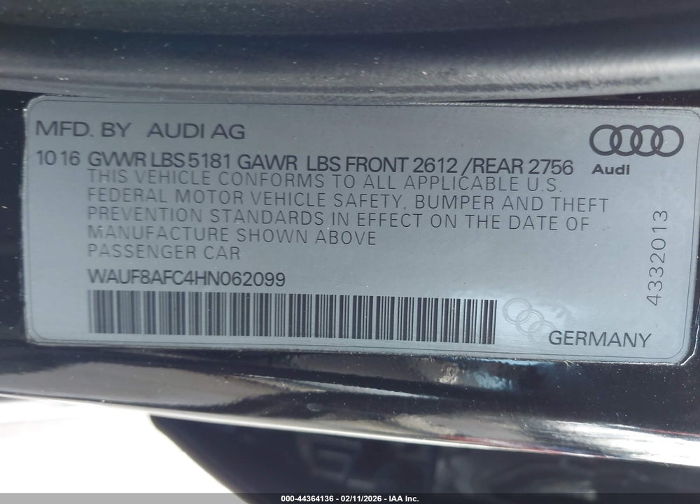 2017 AUDI A6 2.0T PREMIUM VIN: WAUF8AFC4HN062099