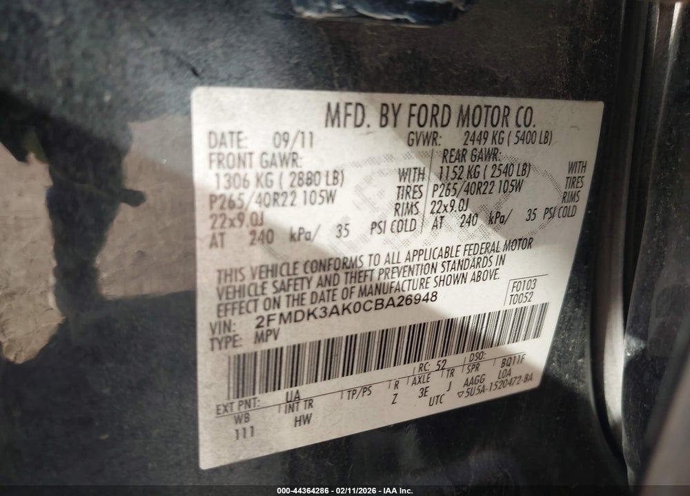 2012 FORD EDGE SPORT VIN: 2FMDK3AK0CBA26948