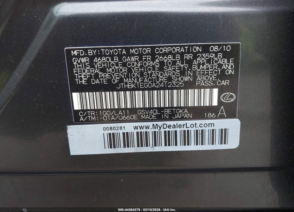 2010 LEXUS ES 350 VIN: JTHBK1EG0A2412325