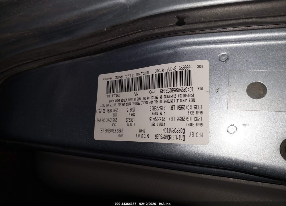 2005 DODGE GRAND CARAVAN SE VIN: 1D4GP24R05B250349