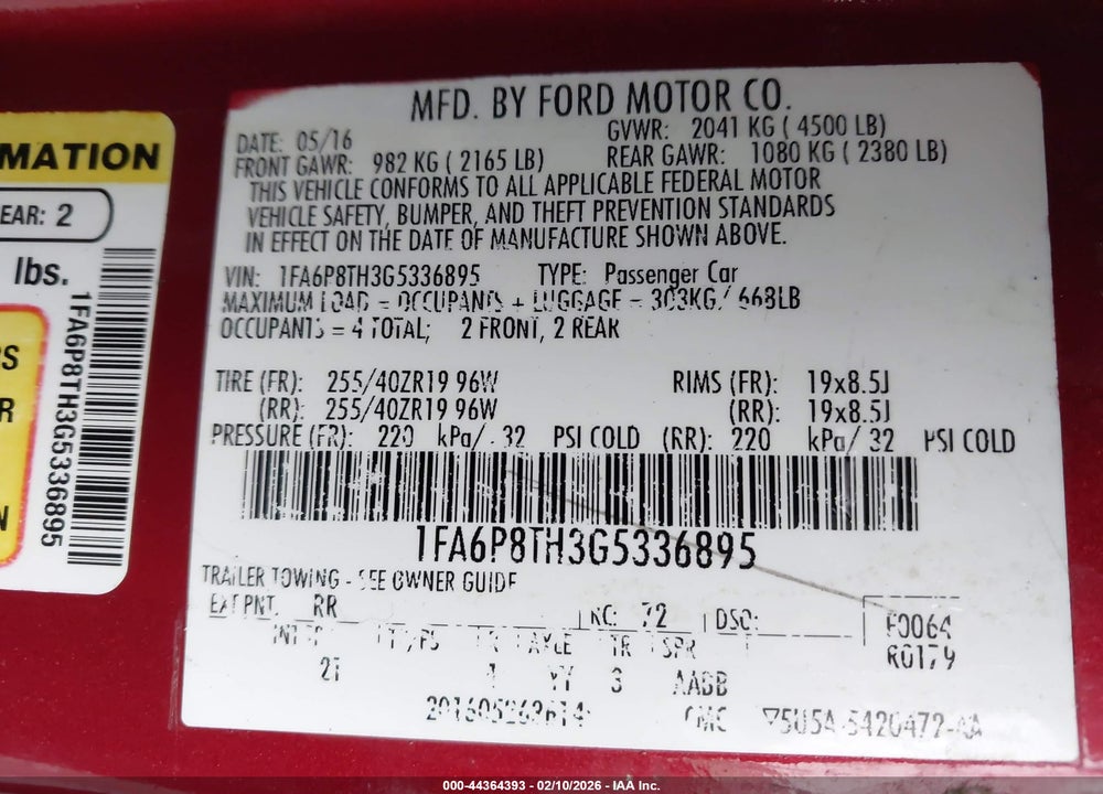 2016 FORD MUSTANG VIN: 1FA6P8TH3G5336895