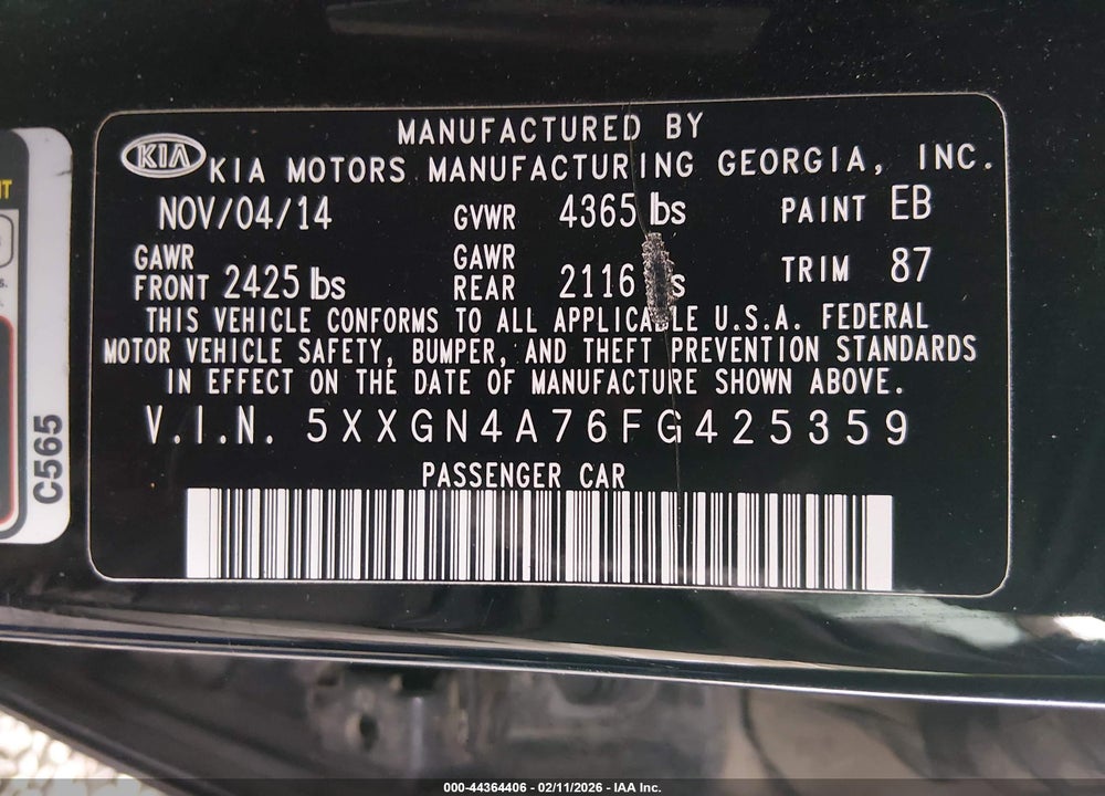 2015 KIA OPTIMA EX VIN: 5XXGN4A76FG425359
