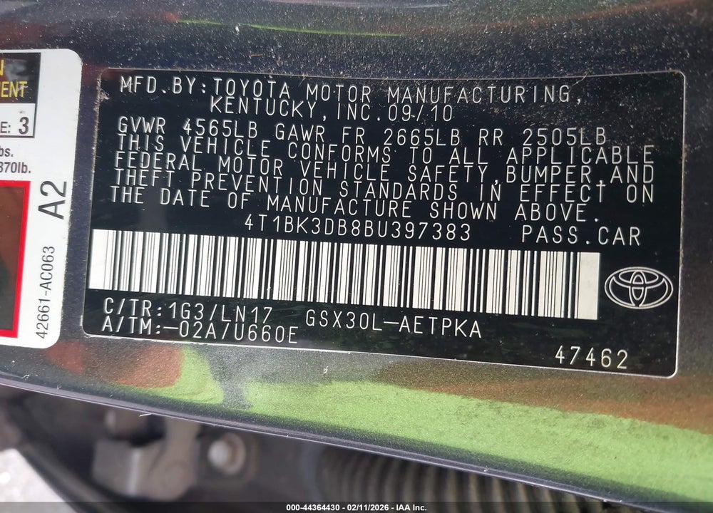 2011 TOYOTA AVALON LIMITED VIN: 4T1BK3DB8BU397383