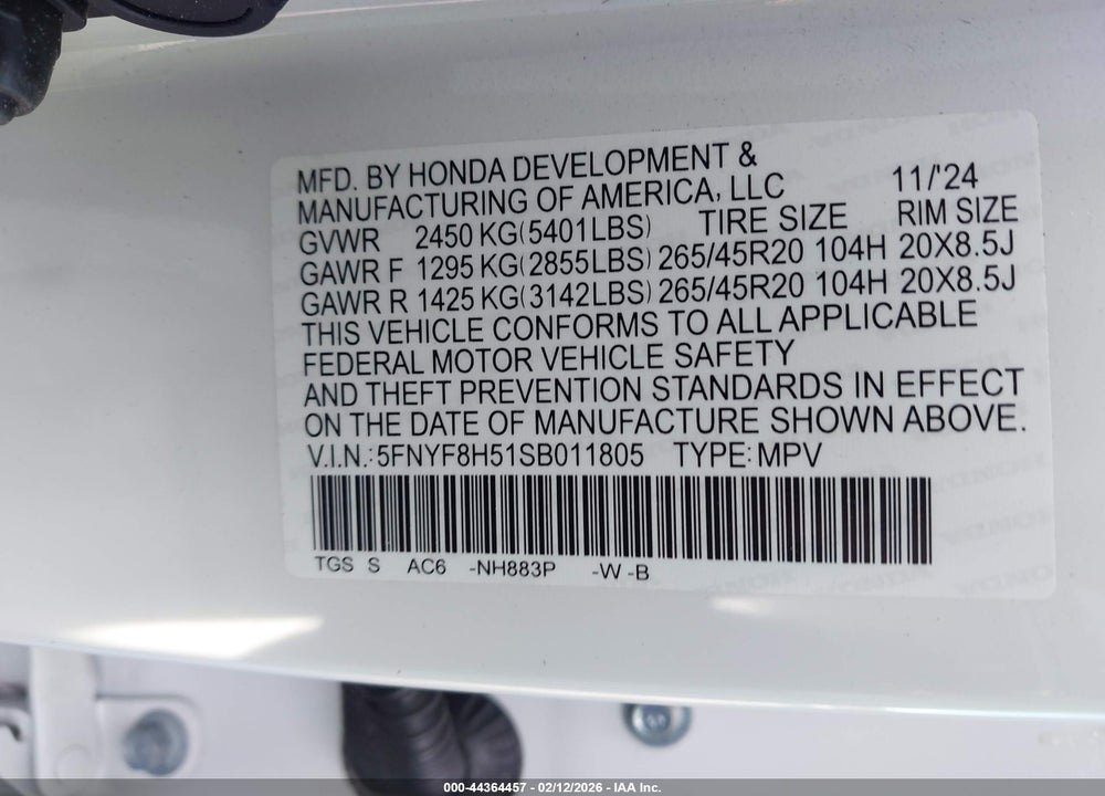 2025 HONDA PASSPORT EX-L VIN: 5FNYF8H51SB011805