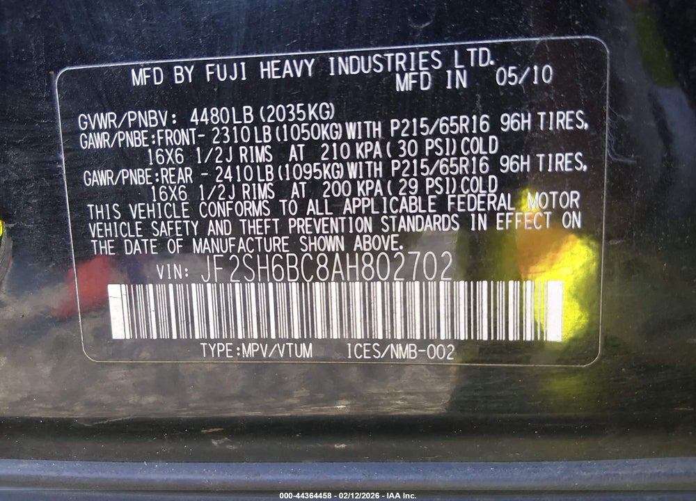 2010 SUBARU FORESTER 2.5X VIN: JF2SH6BC8AH802702