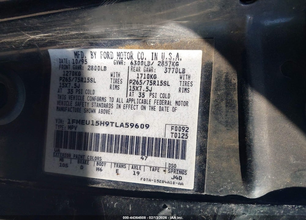 1996 FORD BRONCO U100 VIN: 1FMEU15H9TLA59609