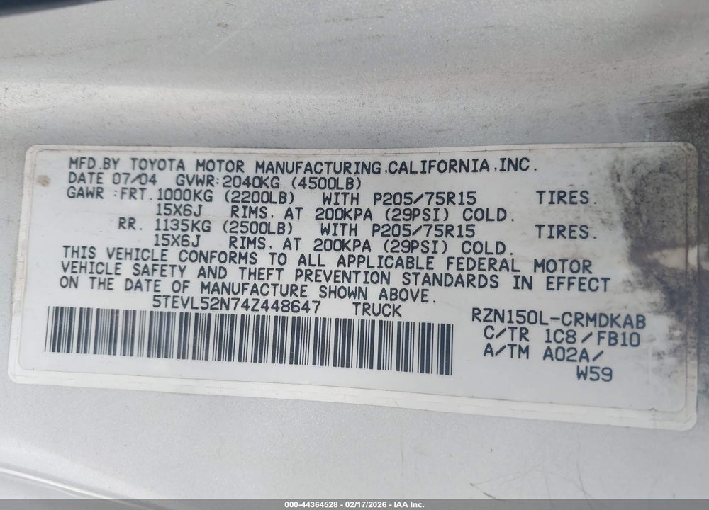 2004 TOYOTA TACOMA VIN: 5TEVL52N74Z448647