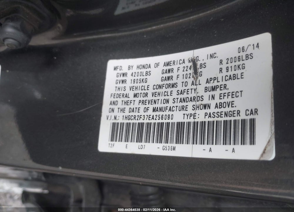2014 HONDA ACCORD LX VIN: 1HGCR2F37EA256090
