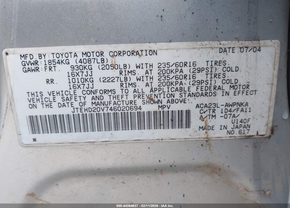 2004 TOYOTA RAV4 VIN: JTEHD20V746020694
