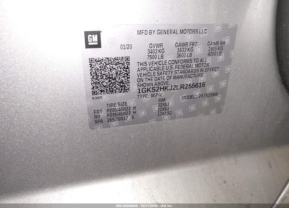 2020 GMC YUKON XL 4WD DENALI VIN: 1GKS2HKJ2LR255616
