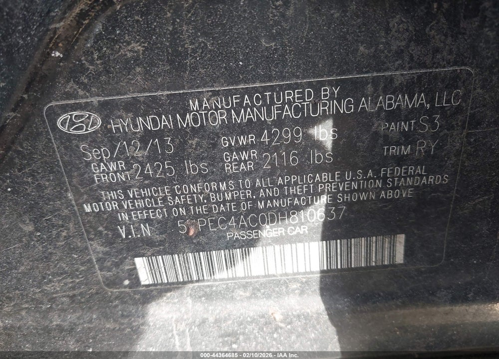 2013 HYUNDAI SONATA SE VIN: 5NPEC4AC0DH810637
