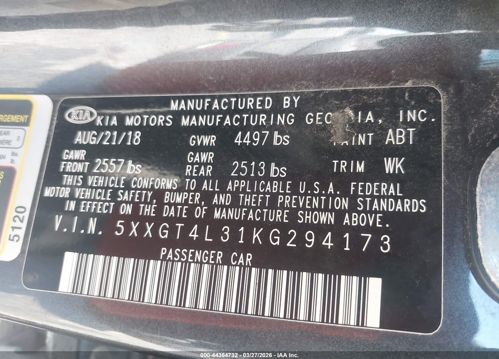 2019 KIA OPTIMA LX VIN: 5XXGT4L31KG294173