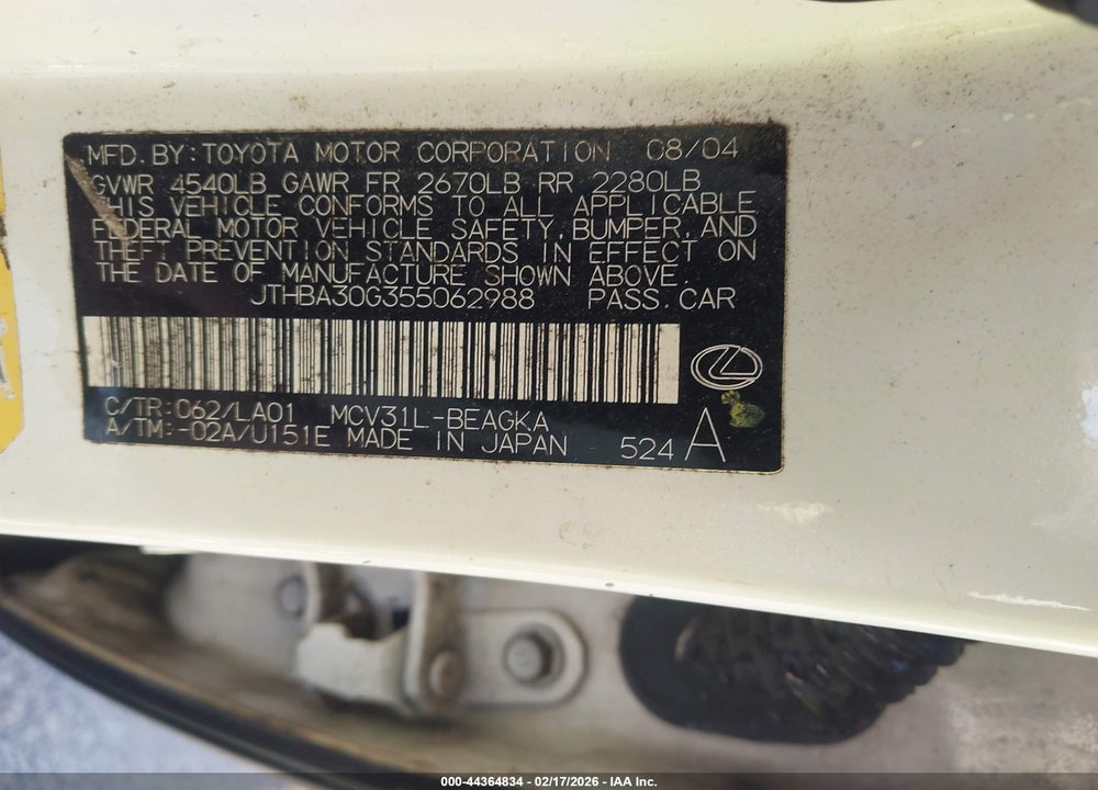 2005 LEXUS ES 330 VIN: JTHBA30G355062988