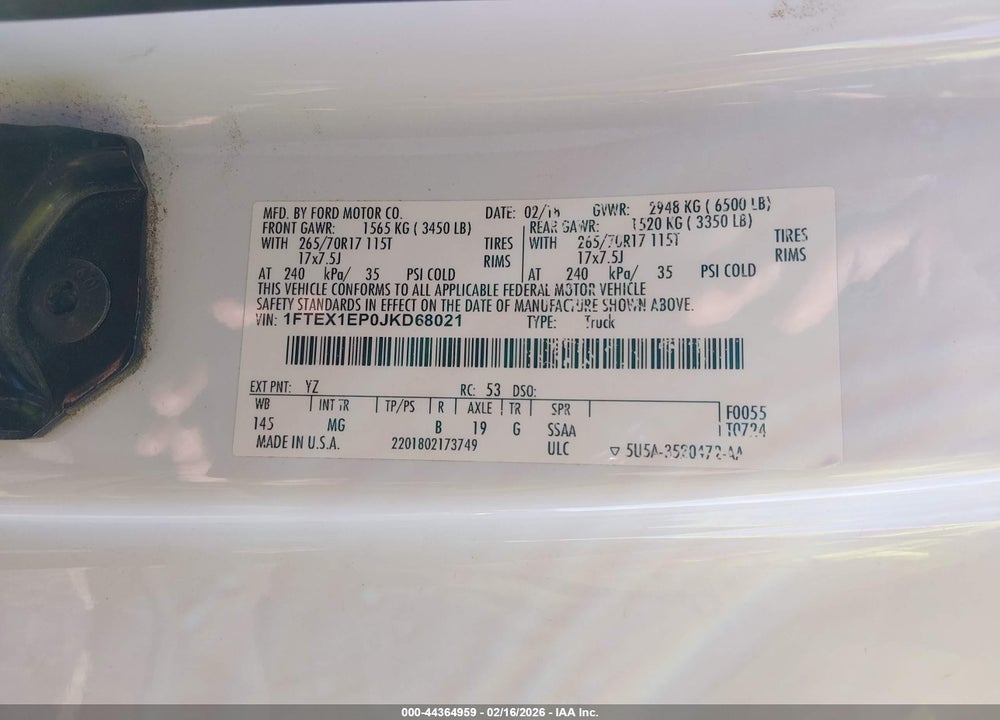 2018 FORD F-150 XLT VIN: 1FTEX1EP0JKD68021
