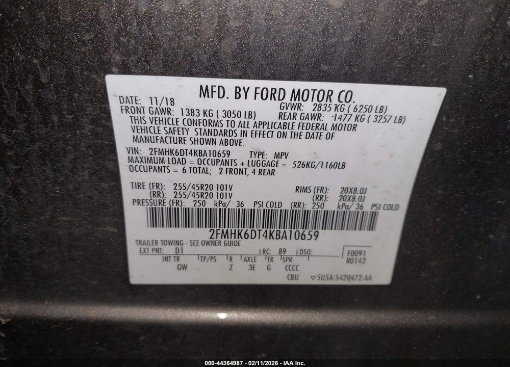 2019 FORD FLEX LIMITED VIN: 2FMHK6DT4KBA10659