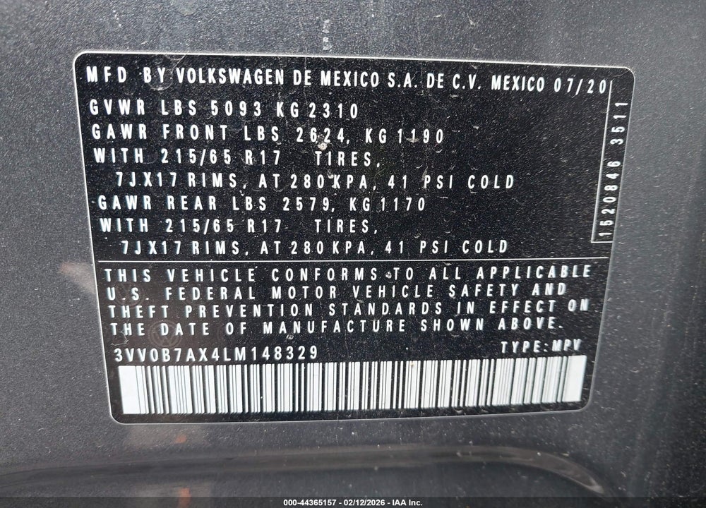 2020 VOLKSWAGEN TIGUAN 2.0T S VIN: 3VV0B7AX4LM148329