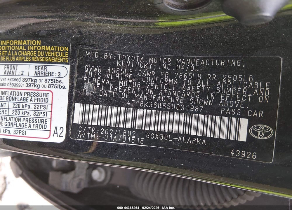 2005 TOYOTA AVALON LIMITED VIN: 4T1BK36B65U031987