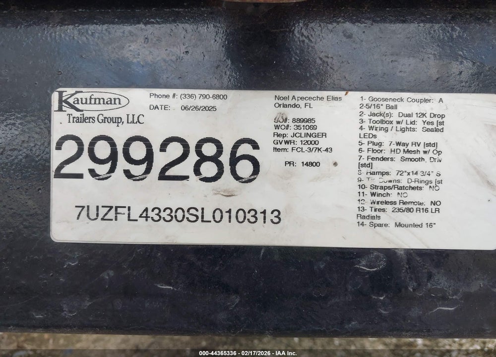 2025 KAUFMAN TRAILERS CAR CARRIER TRAILER VIN: 7UZFL4330SL010313