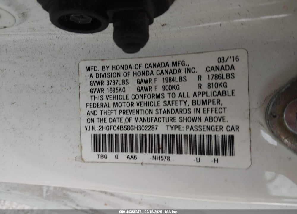 2016 HONDA CIVIC LX VIN: 2HGFC4B58GH302287