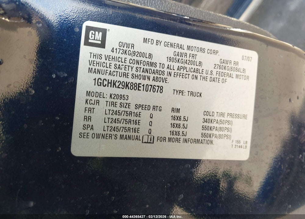 2008 CHEVROLET SILVERADO 2500HD LT1 VIN: 1GCHK29K88E107678