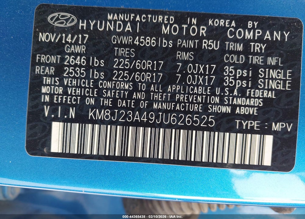 2018 HYUNDAI TUCSON SE VIN: KM8J23A49JU626525