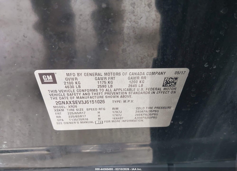 2018 CHEVROLET EQUINOX LT VIN: 2GNAXSEV3J6151026