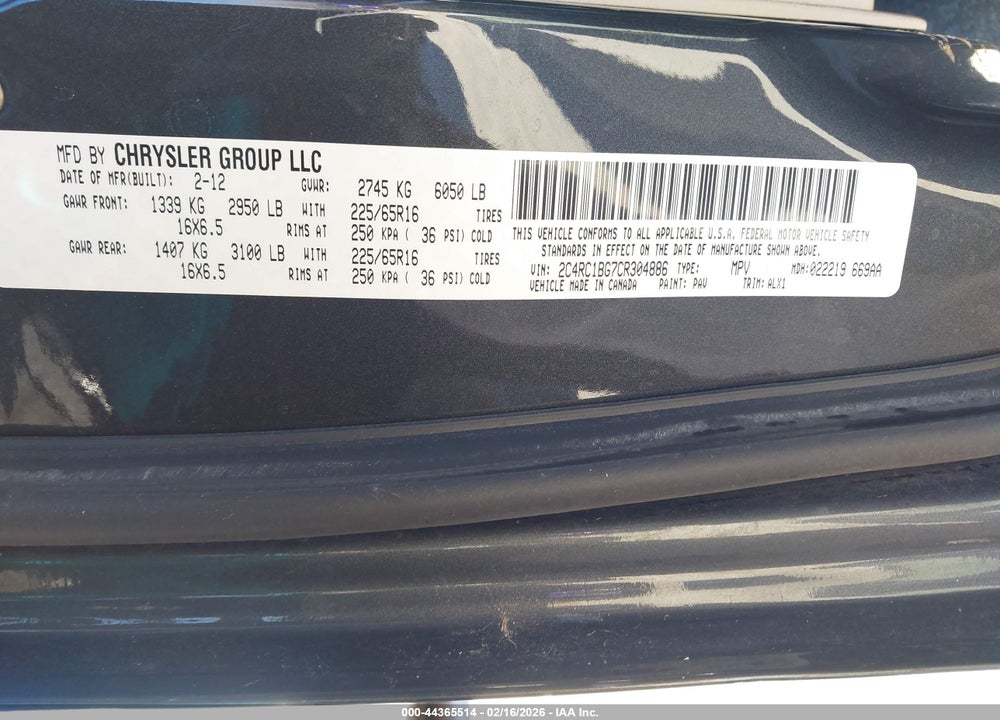 2012 CHRYSLER TOWN & COUNTRY TOURING VIN: 2C4RC1BG7CR304886