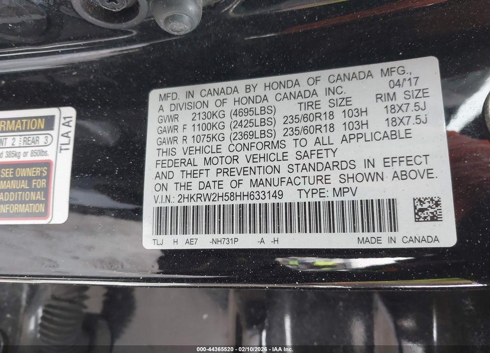 2017 HONDA CR-V EX VIN: 2HKRW2H58HH633149