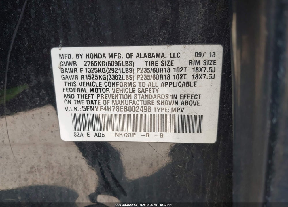 2014 HONDA PILOT EX-L VIN: 5FNYF4H78EB002498