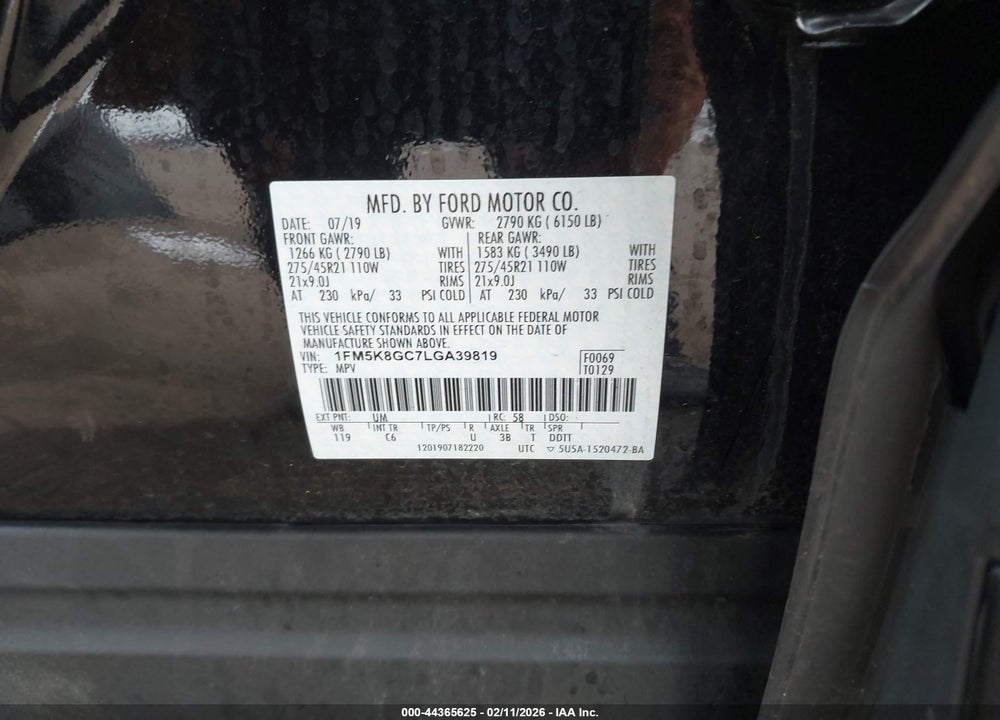 2020 FORD EXPLORER ST VIN: 1FM5K8GC7LGA39819